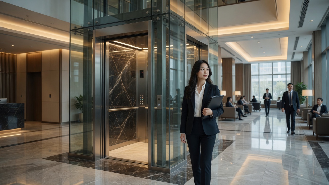 Thang máy kính hiện đại trong sảnh văn phòng cao cấp với nhân viên công sở di chuyển xung quanh